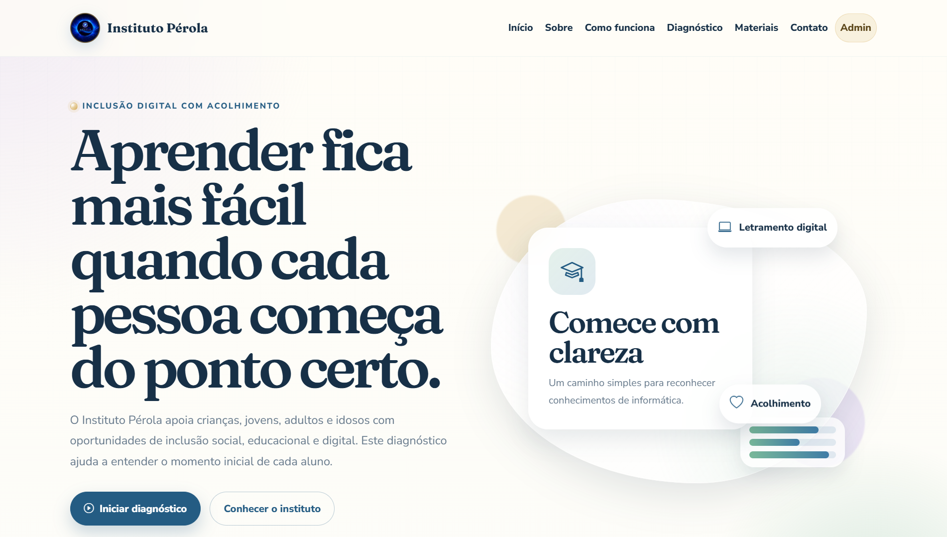 Tela inicial do site Instituto Pérola